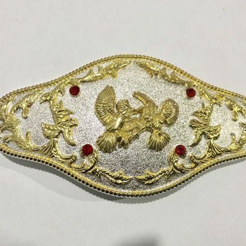 Big size long shape belt buckle with red rhinestones