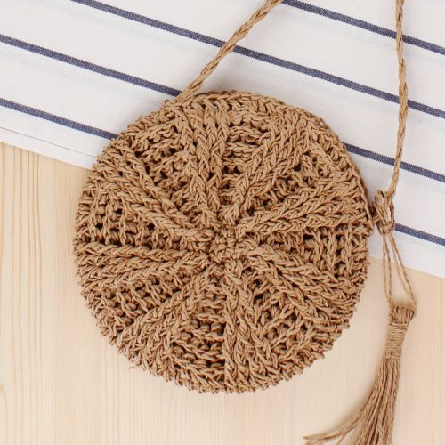 Simple round female crossbody straw woven bag handmade shoulder bag summer beach bag