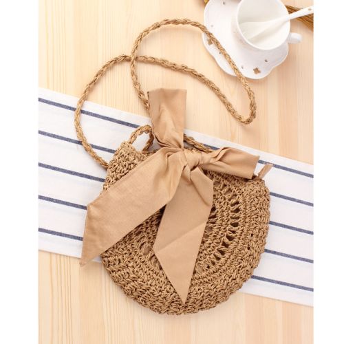 Cute Bow Knot Messenger Woven Bag Handmade Crochet Round Straw Bag Women's Bag Beach Bag