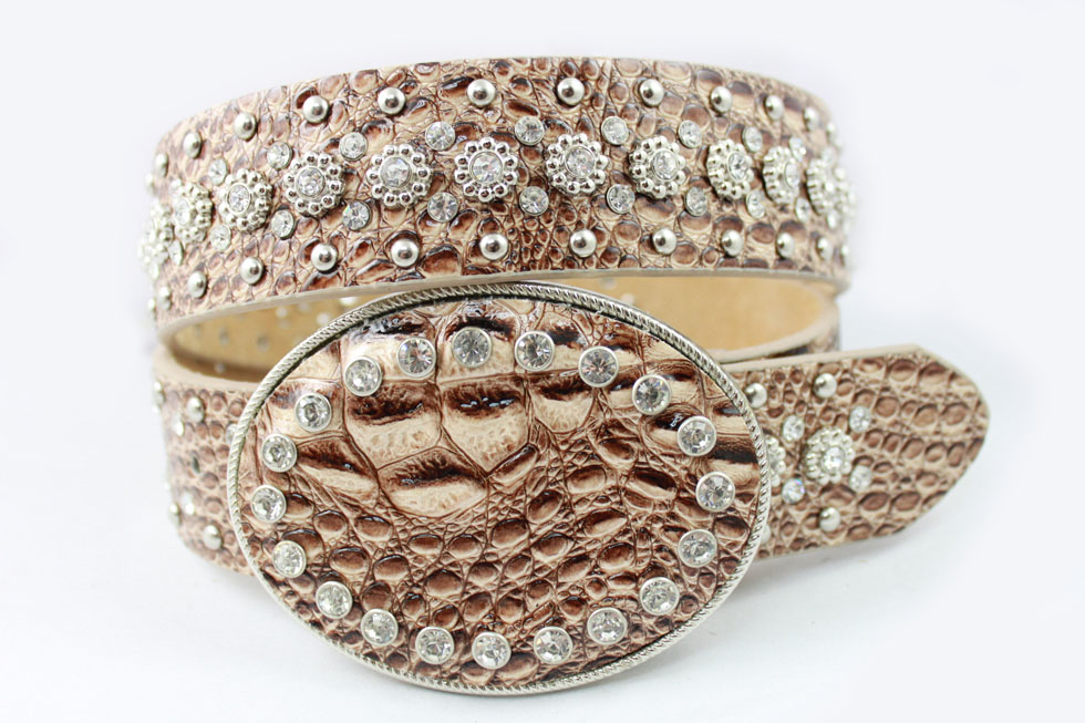 Guangzhou quality Rhinstone Belts Small flowers pattern croc PU/Leather belts