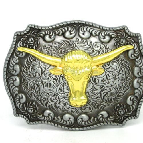 Antique silver belt buckle with bull head, western style belt buckle