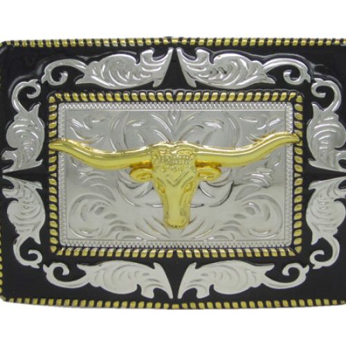 Square silver gold and black flower edge bull head western belt buckle