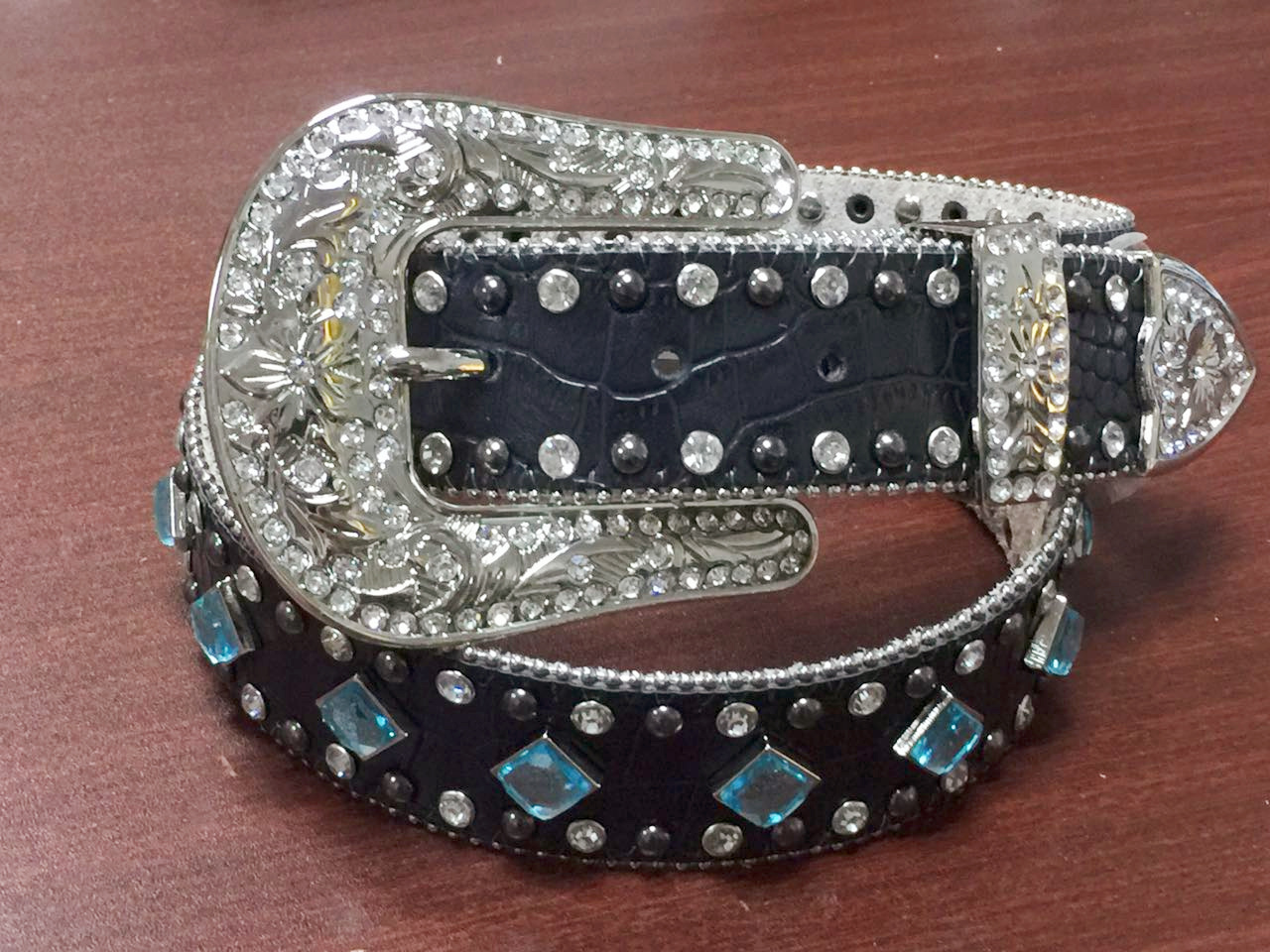Small square glass nickle color studs and clear crystal bling women belts