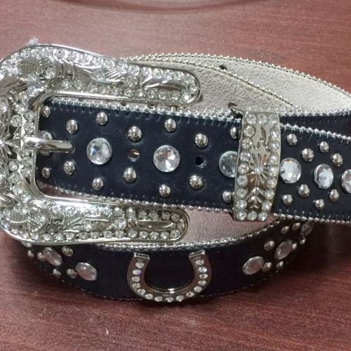 Black PU patter, leather buttom clear stone buckle sets western women belts