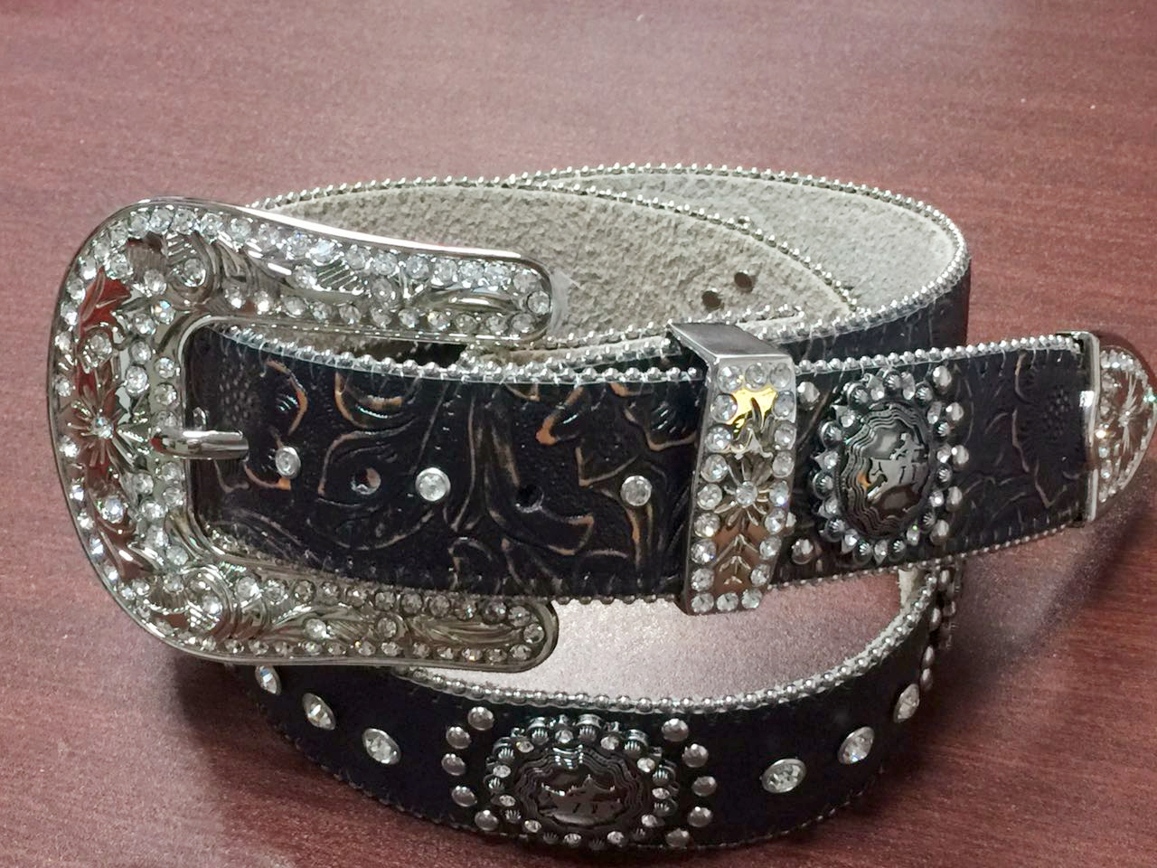 Nice flower pattern PU leather front leather bottom rhinstone bling cowgirl belt
