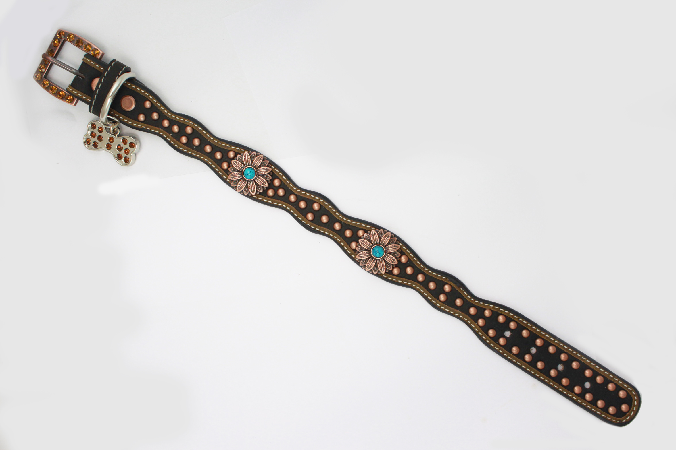 S shape with red brass flower concho dog collar