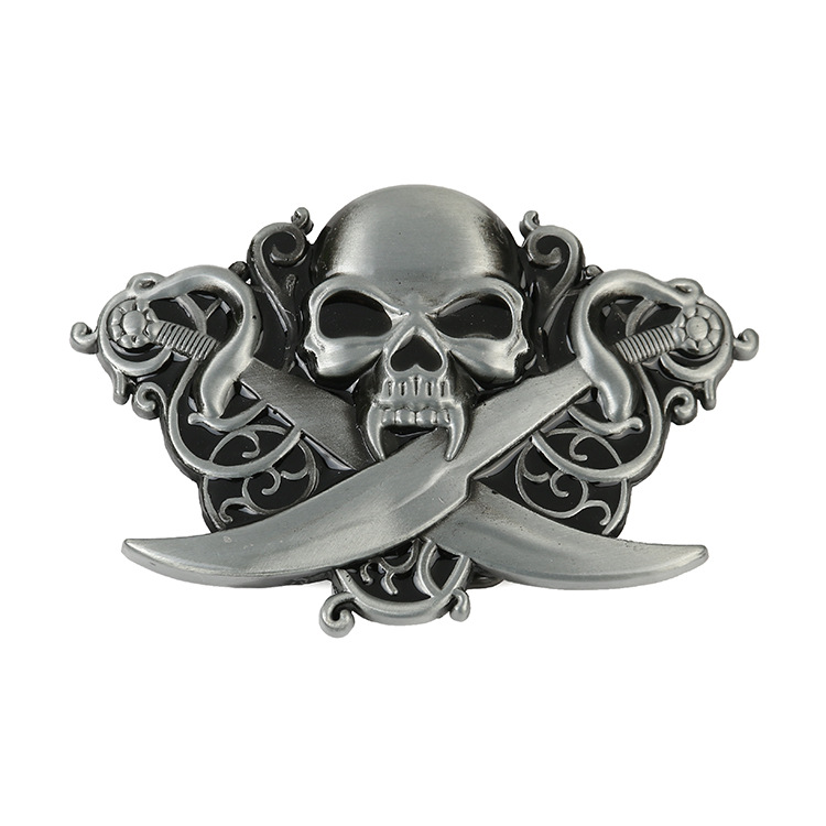 double swords on hands antique silver skull buckle