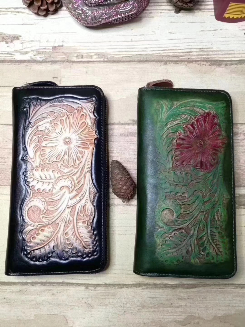 embossing flowers colorful real leather long shape wallet